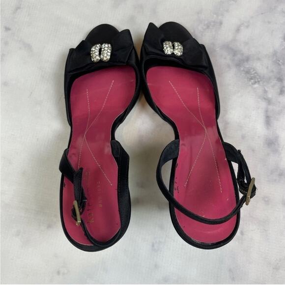 Kate Spade Happily Black Satin Slingback Heels Rhinestone Bow Evening Shoes - Picture 5 of 9